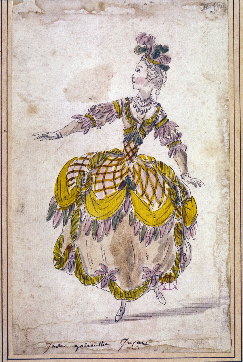 Cenografia: desenho de figurino para o ballet de ópera "Les Indes galantes" de Jean Philippe (Jean-Philippe) Rameau (1683-1764) 1761. Aquarela. de Unknown artist