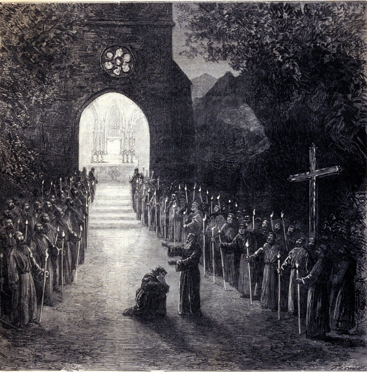 Cenografia da última cena do II Acto para a ópera "La forza del destino" do compositor italiano Giuseppe Verdi (1813-1901) para a representação na Ópera de Paris de Unknown artist