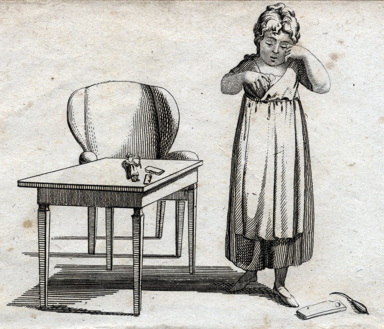 Uma estudante que quer fazer os trabalhos de casa. Gravura no final do século XVIII. Colecção privada. de Unknown artist