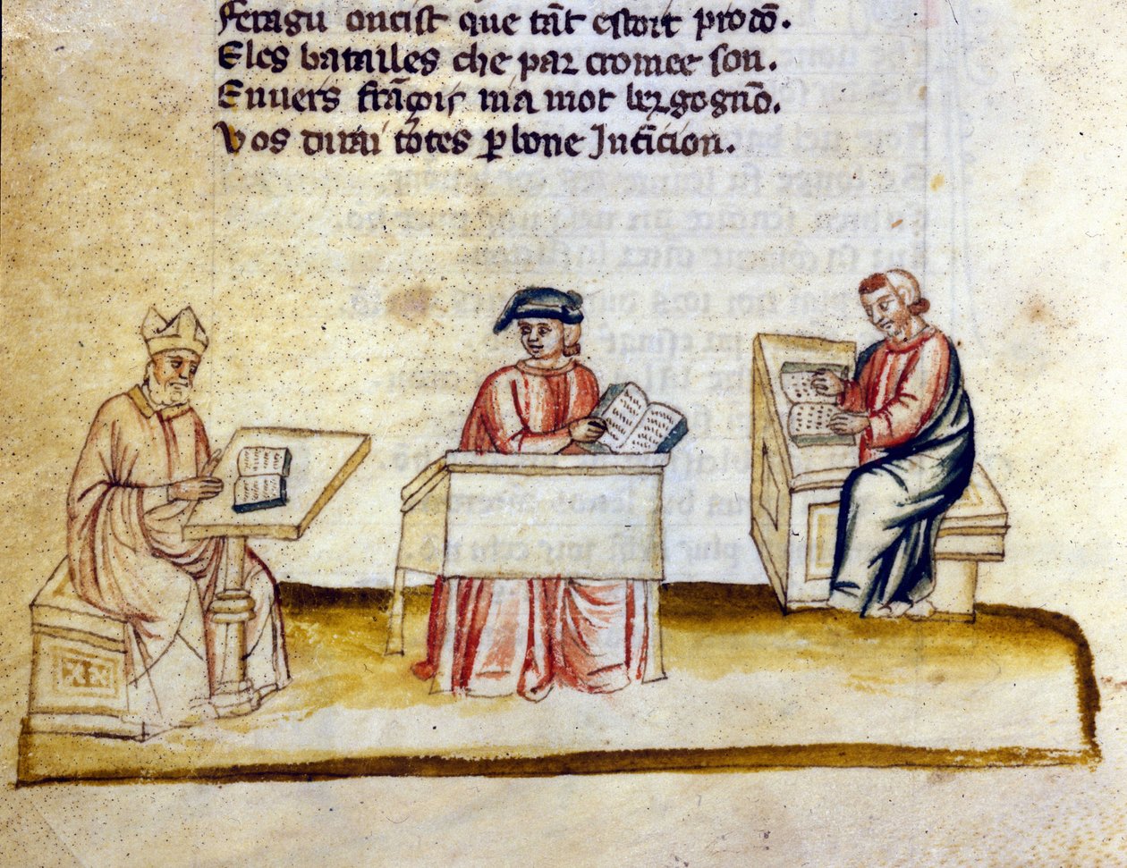 Cientistas estudando em um mosteiro. Miniatura do manuscrito franco-italiano "Entree d