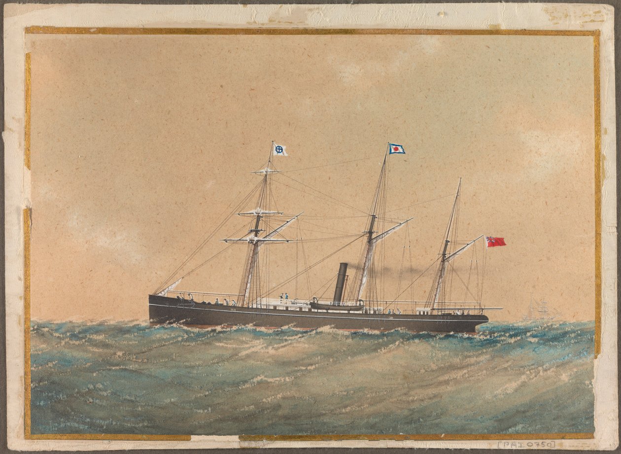 Navio a vapor de parafuso com bandeira de Satsuma, provavelmente "Lotus", início do século XIX (aguarela) de Unknown artist