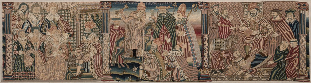 Seção de um friso bordado: Assuero e Ester, o papa repreendendo o imperador, Henrique VIII pisando no pescoço do papa de Unknown artist