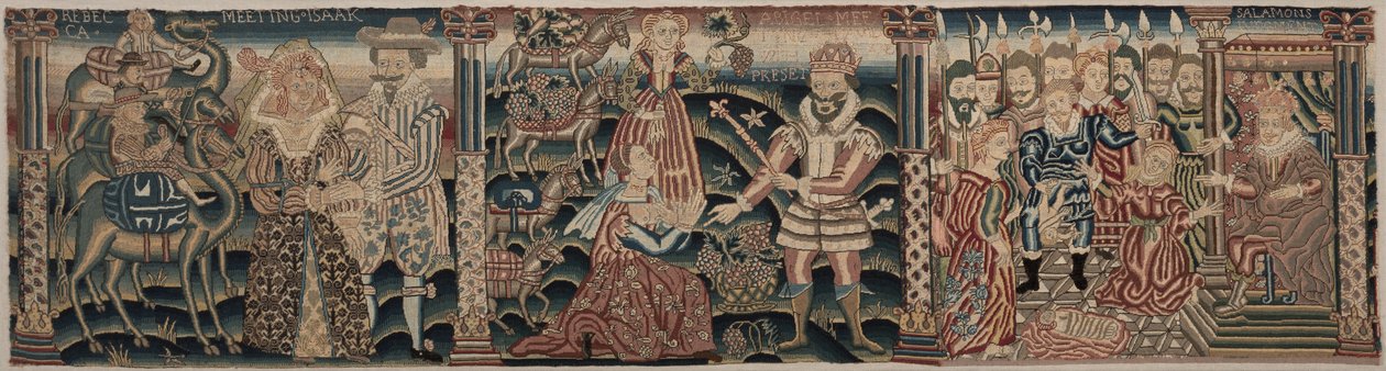 Seção de um friso bordado: Rebecca encontrando Isaac, Abigail encontrando Davi com um presente, O julgamento de Salomão de Unknown artist