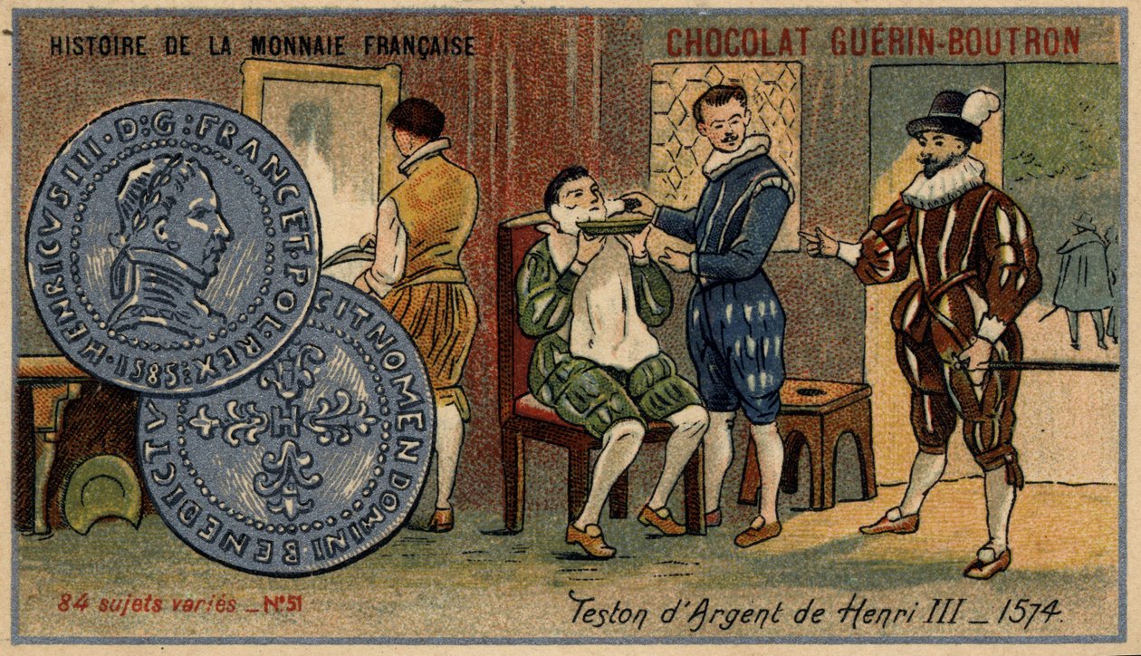 Série Histoire de la Monnaie Française publicada pelo Chocolat Guérin Boutron. Cromolitografia do século XIX. Teston de prata de Henrique III. 1574 de Unknown artist