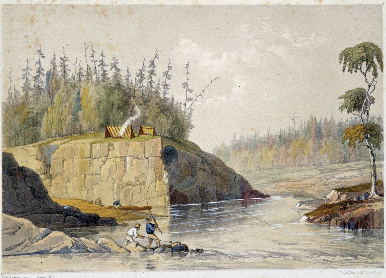Assentados no Canadá pescando em um rio - em "Sketches on the nipisaguit a river of New Brunswick in America" por William Hickman, ed. Halifax de Unknown artist