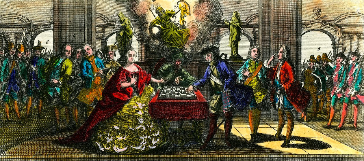 Guerra dos Sete Anos: alegoria representando Marie Therese da Áustria (1717-1780) e Frederic da Prússia (1712-1786) jogando xadrez. Gravura da Coleção Privada do século XVIII de Unknown artist