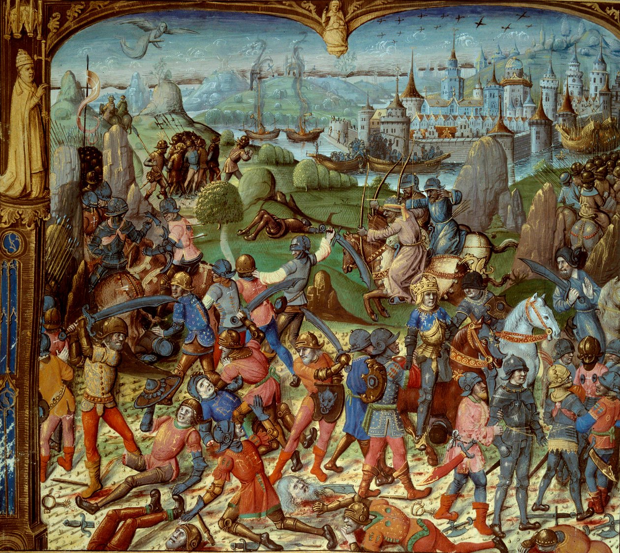 Sétima Cruzada (1248-1254). Luís IX (Saint Louis) (1215-1270), Rei de França, com as travessias depois de ser derrotado pelos sarracenos em Mansourah em 1250. Eles se retiraram atrás das torres de Damasco. Luís IX e seus dois irmãos são feitos prisioneiros de Unknown artist