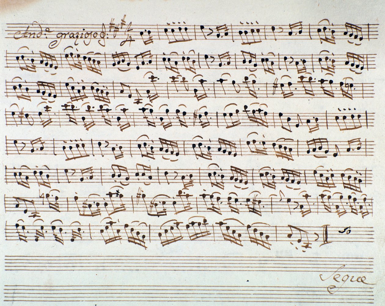 Página de música para o primeiro violino na abertura de Mithridate, Rei da Pont, ópera de Mozart (1770) de Unknown artist