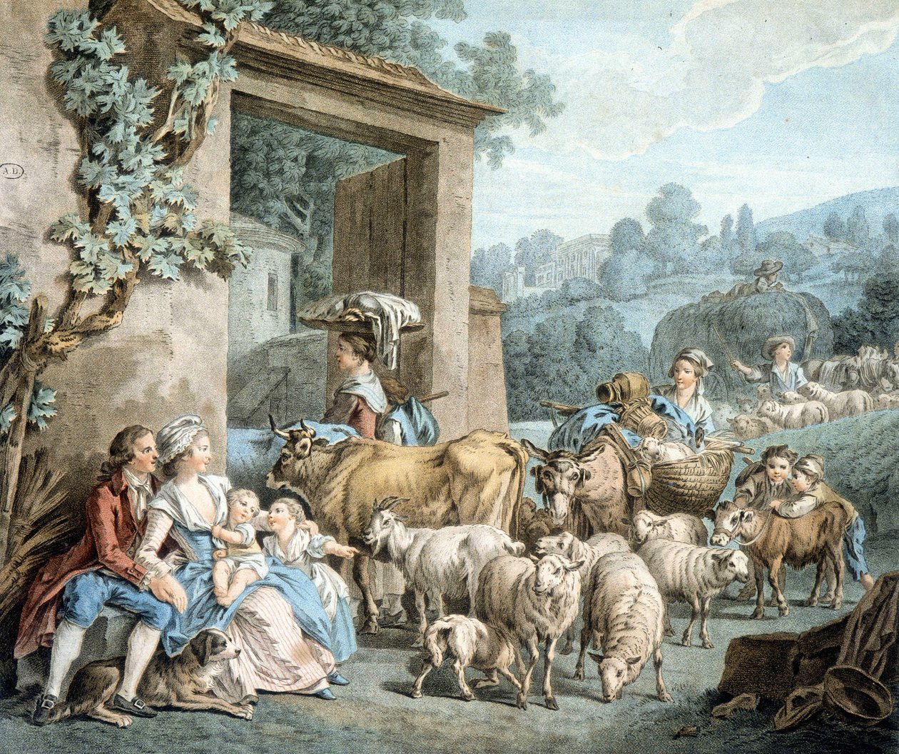 Pastores e rebanhos de ovelhas em frente a uma fazenda. de Unknown artist