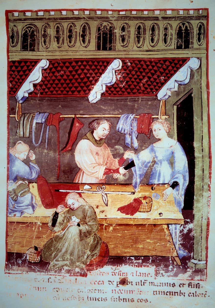 Loja e oficina de costura. Iluminação a partir da ordenha de medicamentos e dietética "Tacuinum sanitatis". de Unknown artist