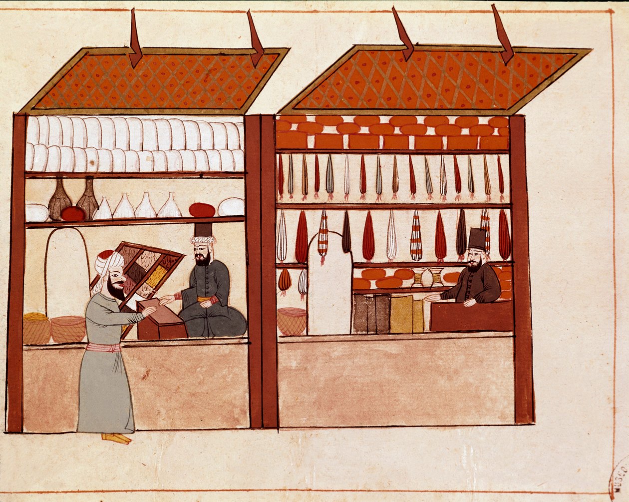 Lojas nas ruas de Constantinopla. Miniatura retirada de um manuscrito da Cicogna do século XIX (1828) depois de um original do século XVII (1671). Veneza, Biblioteca Marciana de Unknown artist