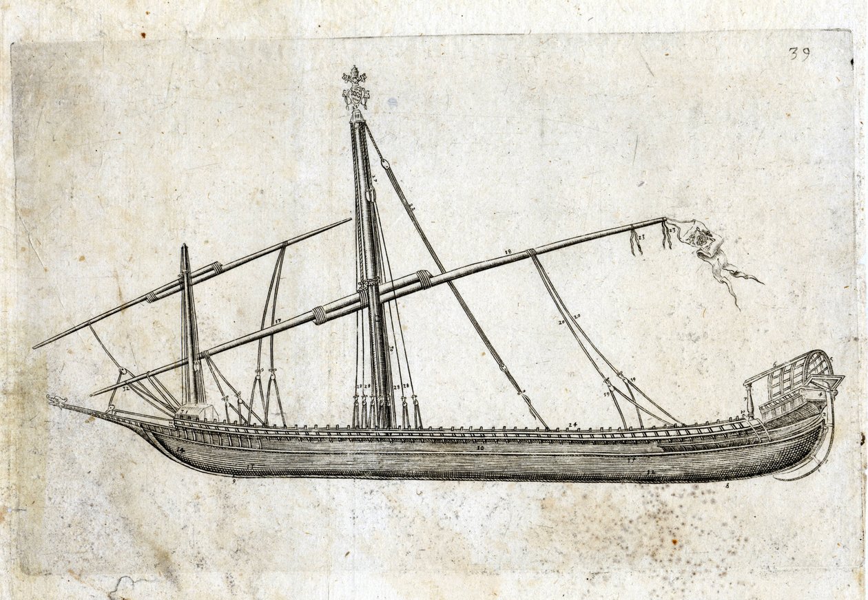 Vista lateral de uma galé. Gravura do século XVIII. de Unknown artist