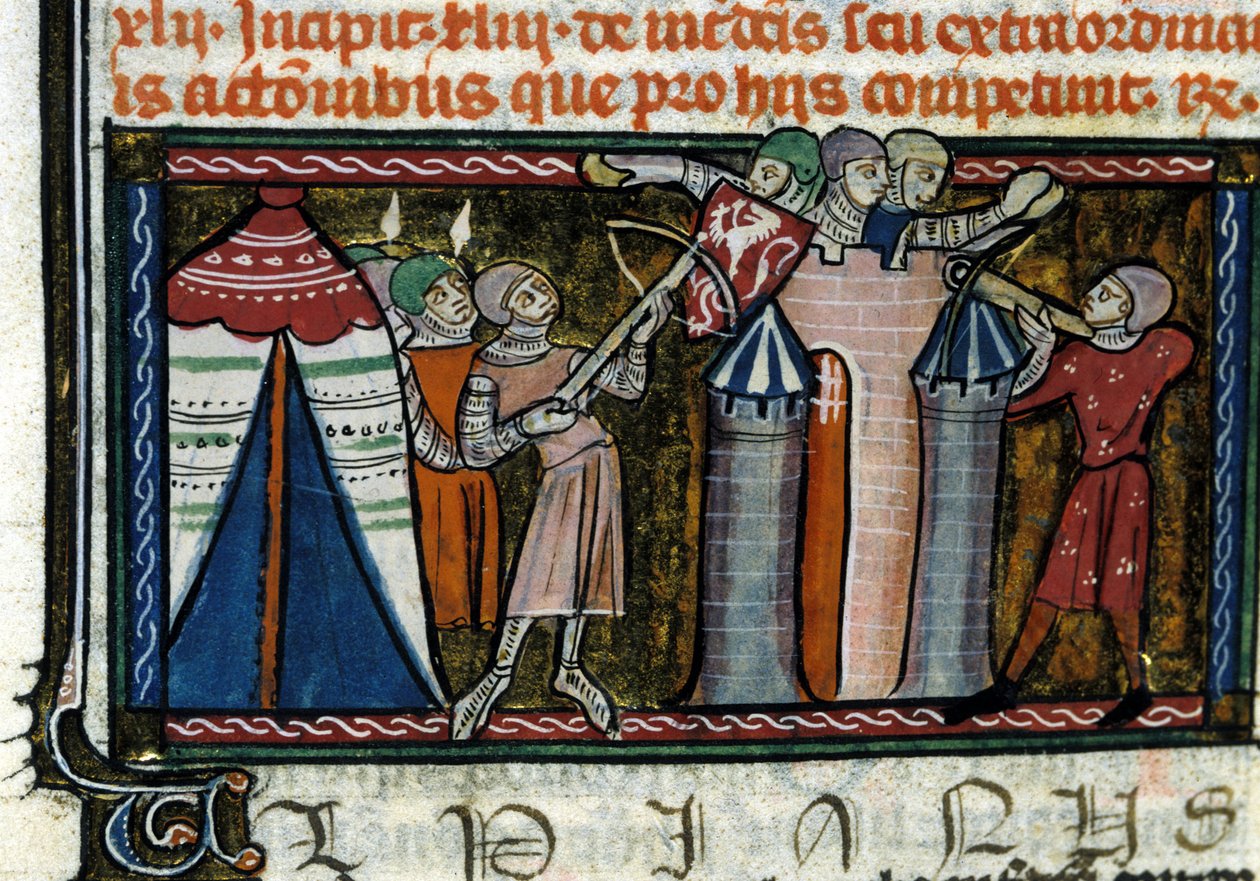 O cerco de um castelo. Miniatura de um manuscrito do século XIII. Milão, Biblioteca Trivulziana. de Unknown artist
