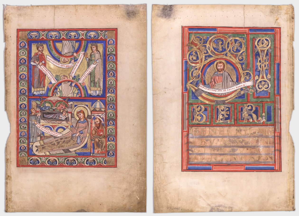 Folha única extirpada de um livro do Evangelho: A Natividade (reto) e São Mateus (verso) de Unknown artist