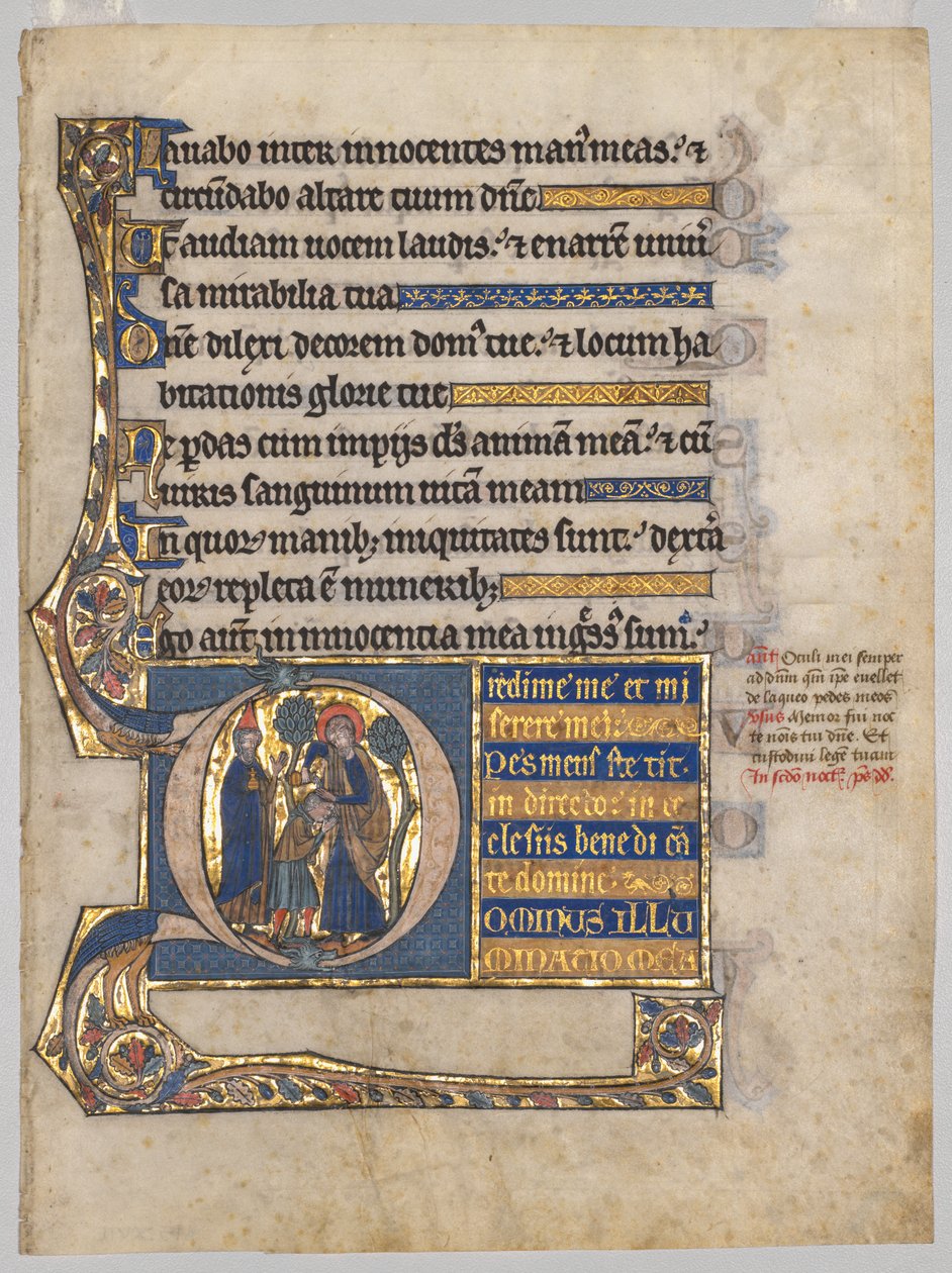 Folha única extirpada de um saltério: D [ominus illuminatio mea] inicial com Samuel Untando Davi de Unknown artist