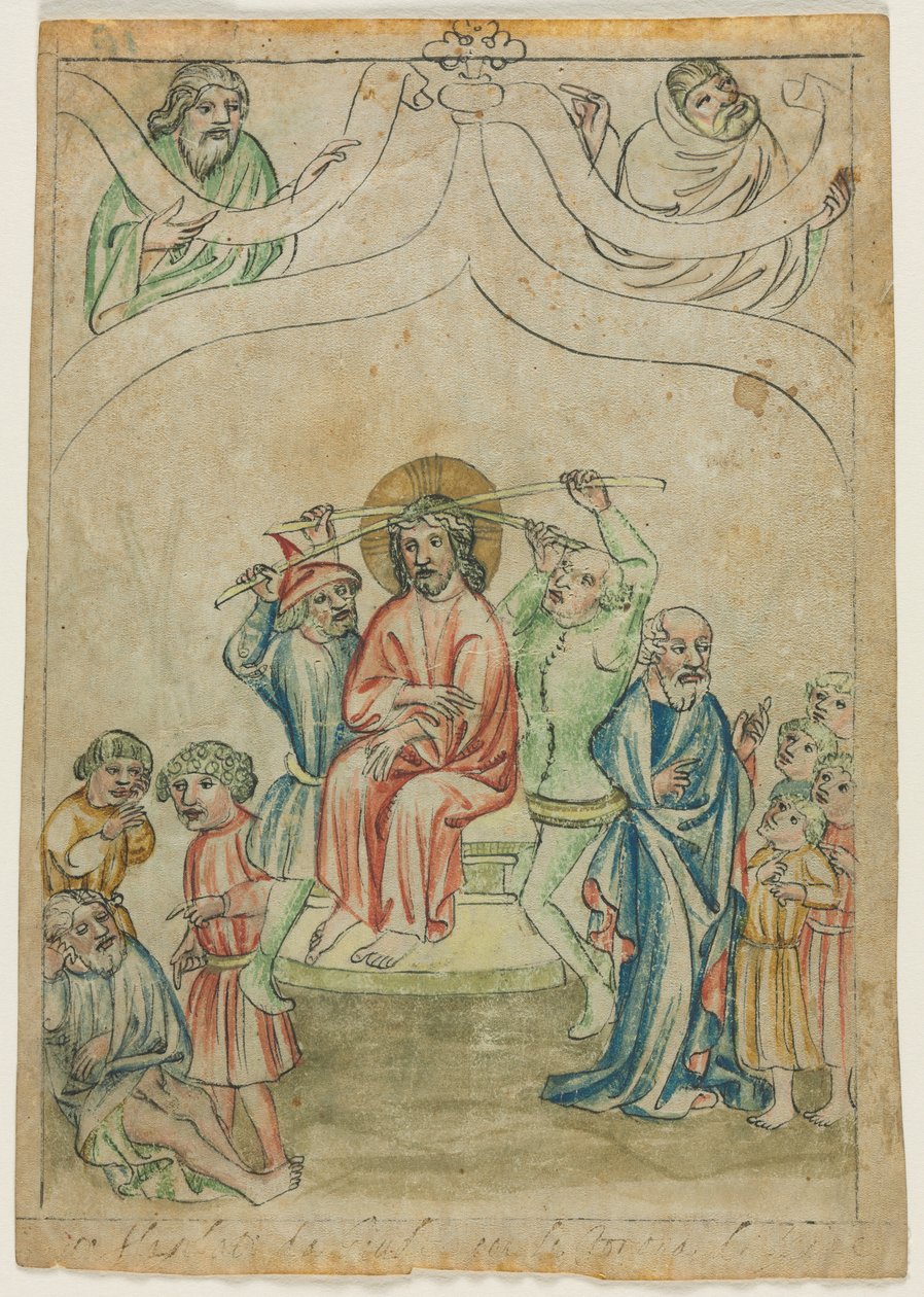 Folha única de uma Biblia Pauperum: Cristo coroado de espinhos (reto) de Unknown artist