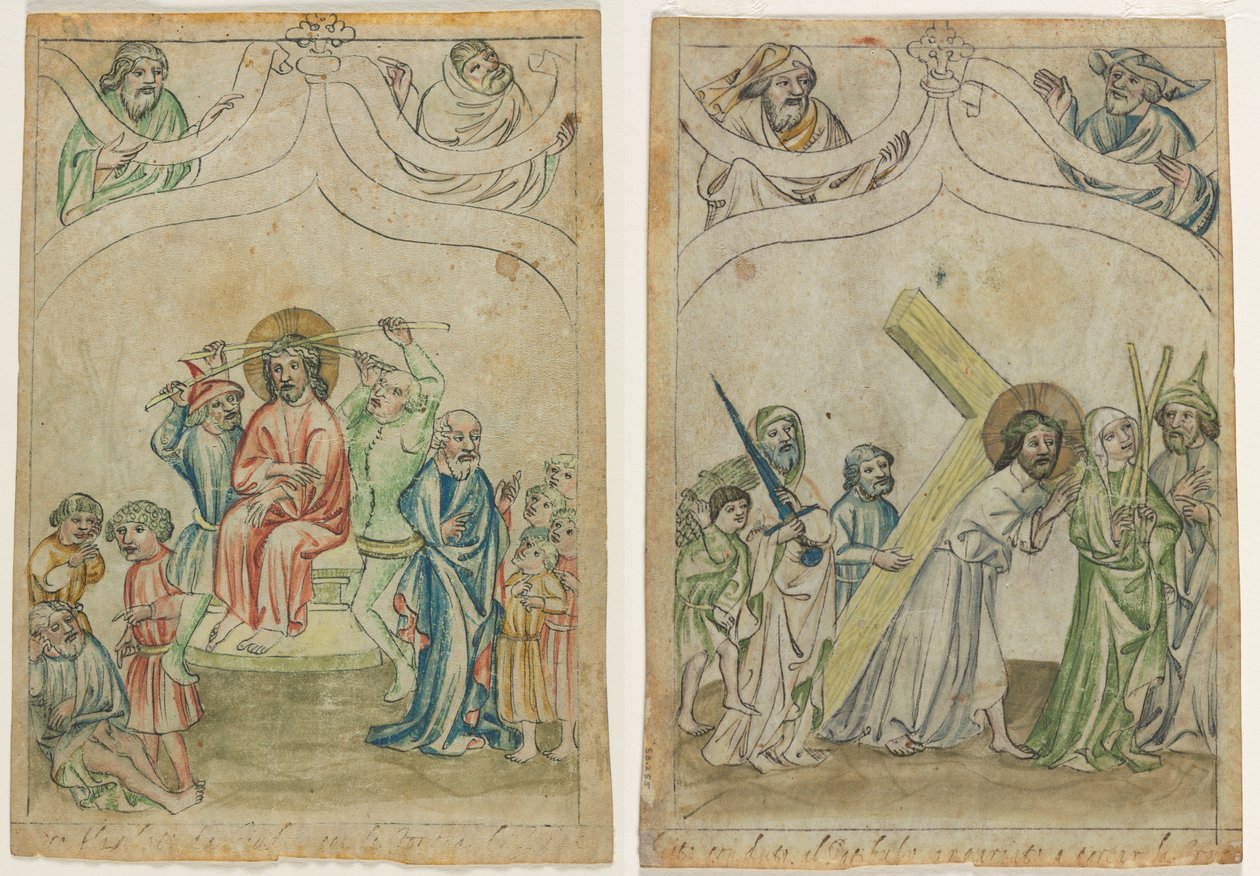 Folha única de uma "Biblia Pauperum": Cristo coroado de espinhos (reto) Cristo carregando a cruz (verso) de Unknown artist