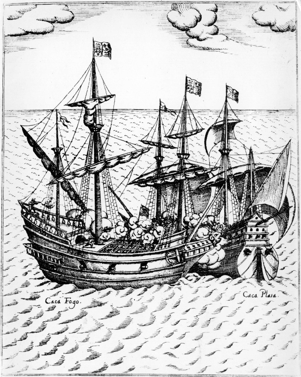 Sir Francis Drake "Golden Hind" (1540-1596) capturando o navio espanhol "Nuestra Señora de Conception", conhecido como "Cacafuego" em 1579, ao largo do Equador. Gravura do século XVI. de Unknown artist