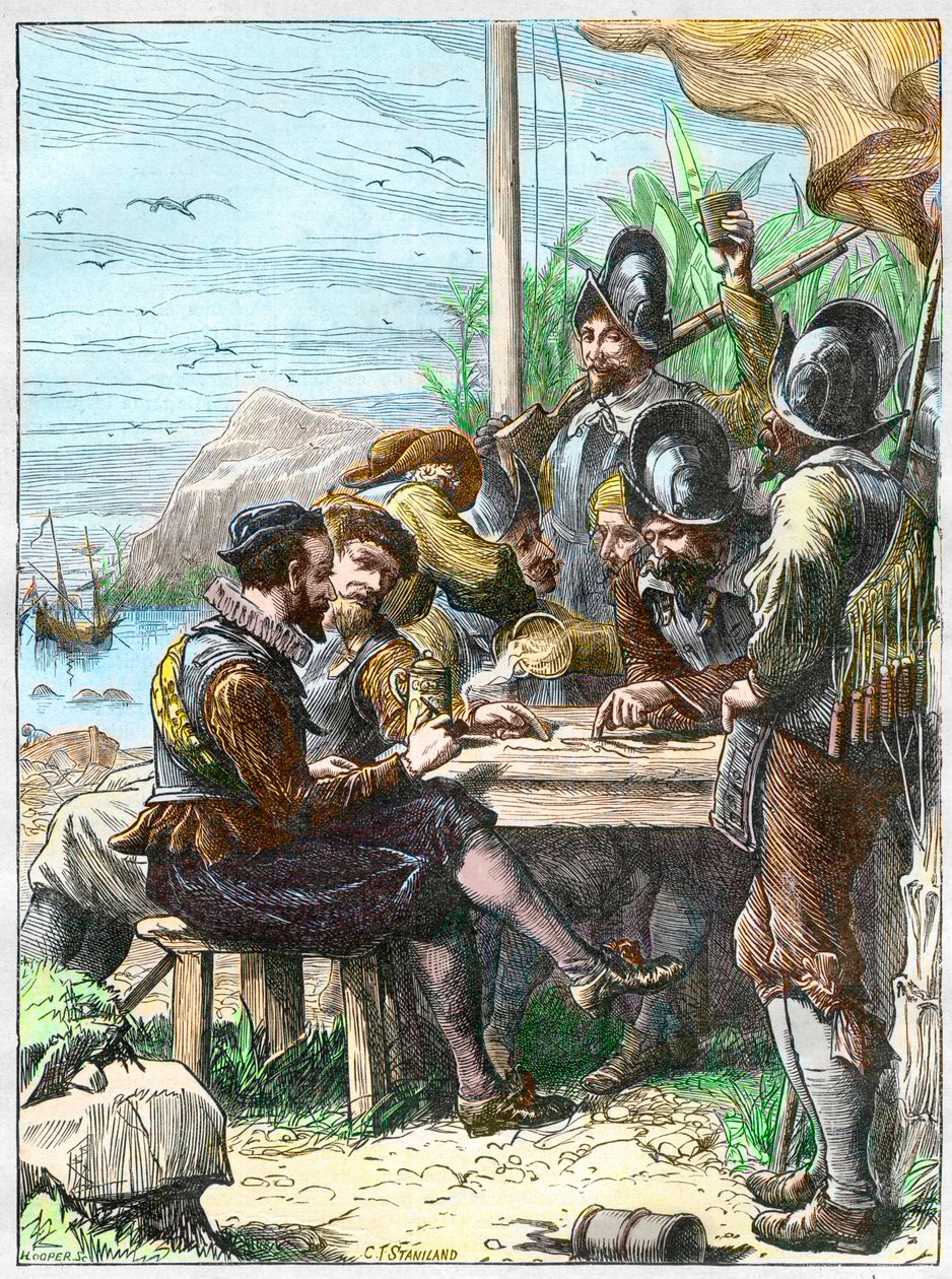 Sir Walter Raleigh em Trinidad, obtendo informações dos soldados espanhóis sobre a Guiana, 1595. - Expedição de Walter Raleigh de Unknown artist