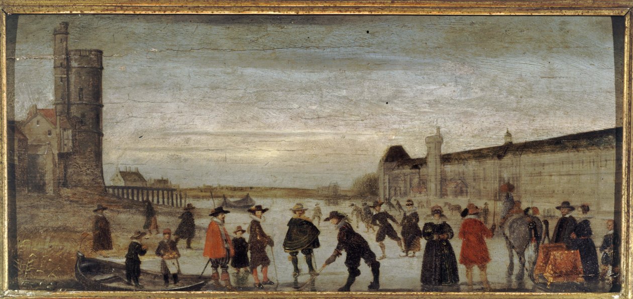 Patinadores no Sena em 1608, cerca de 1608 (óleo sobre madeira) de Unknown artist