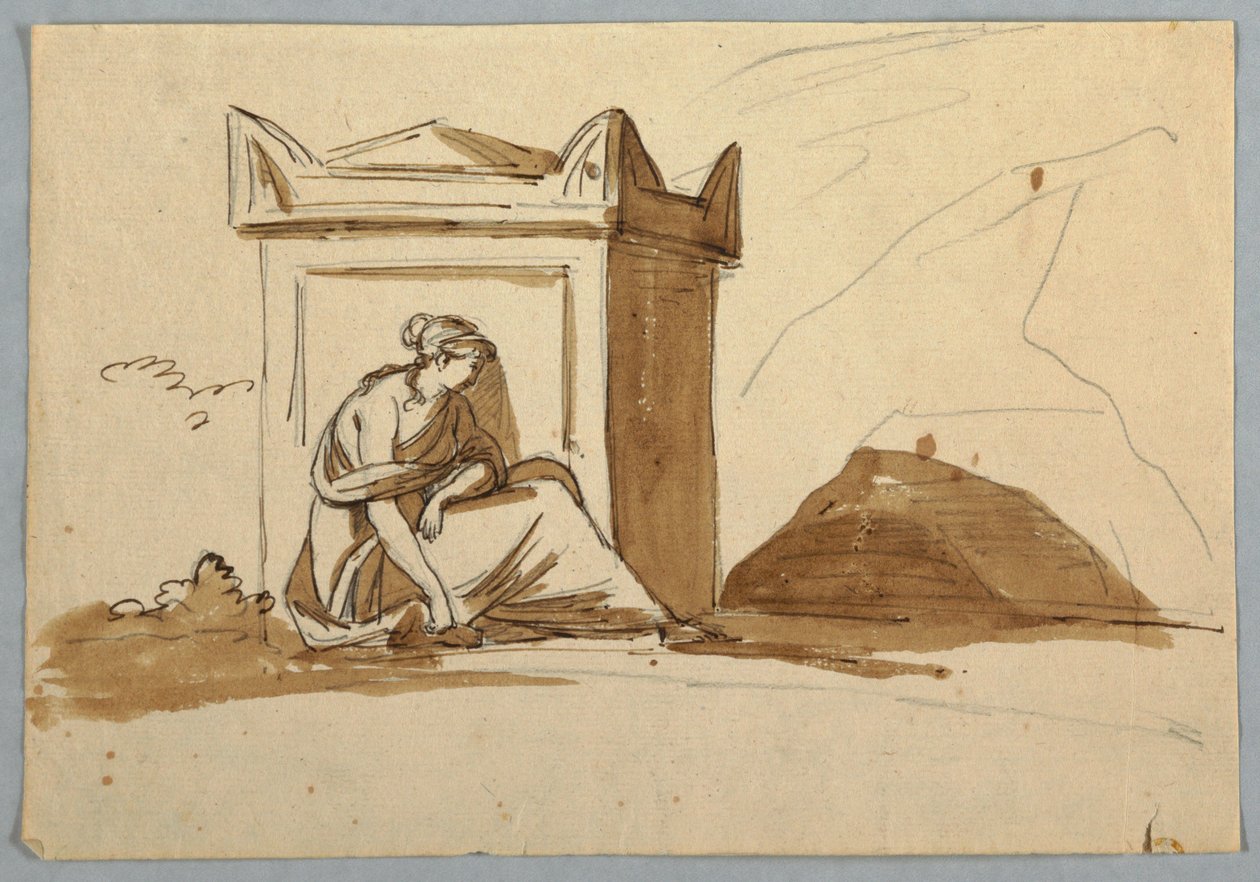Esboço: Uma mulher sentada diante de um sarcófago antigo de Unknown artist