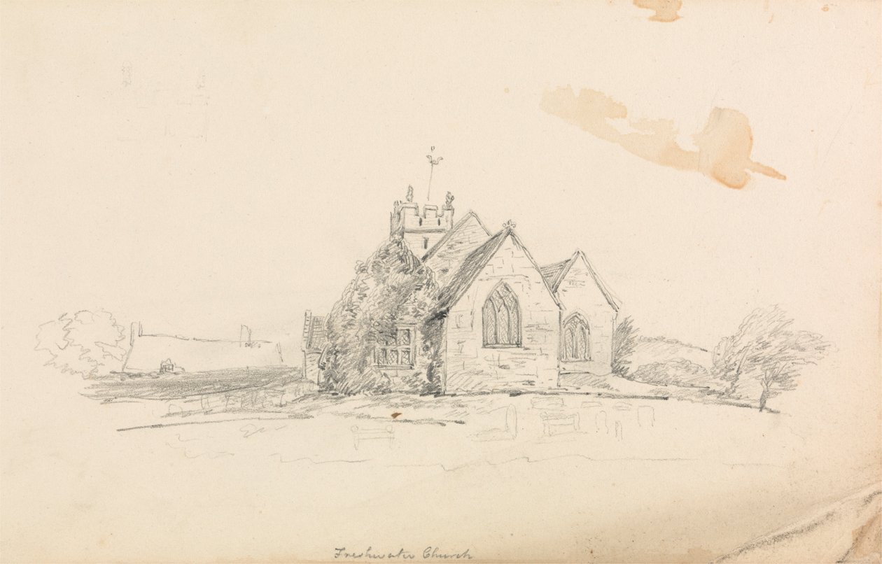 Esboço de uma pequena igreja rural; esboço de um navio de Unknown artist