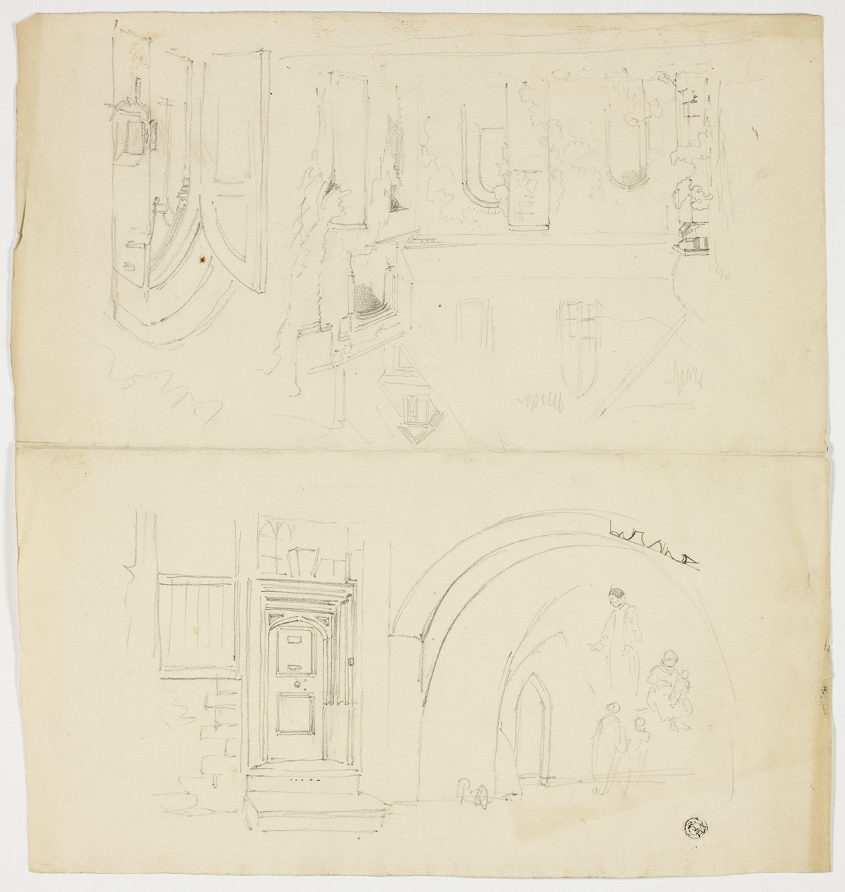 Esboços de porta, figuras, edifício com entrada lateral para a igreja (frente); esboço do pináculo (verso) de Unknown artist