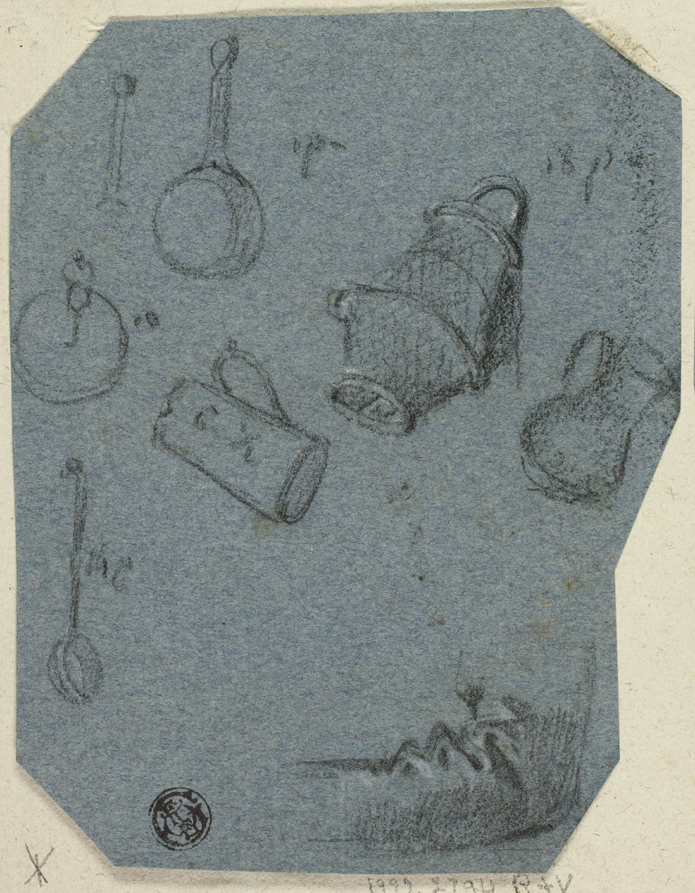Esboços de utensílios de cozinha, braço dobrado (frente); cena histórica (verso) de Unknown artist