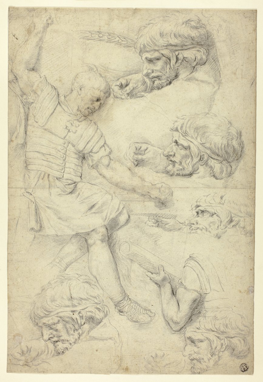 Esboços de Soldado, Cabeças, do Relevo Romano (reto); Esboços de nus masculinos, de Roman Relief (verso) de Unknown artist