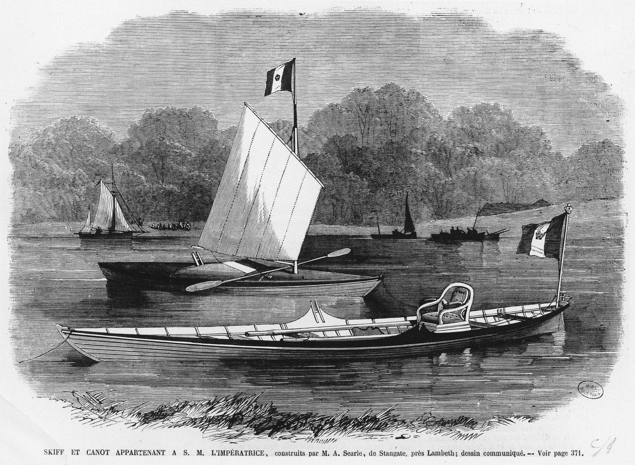 Skiff e canoa ao lado da imperatriz, construída por M.A. Searle de Stangate, perto de Lambeth - gravura de Unknown artist