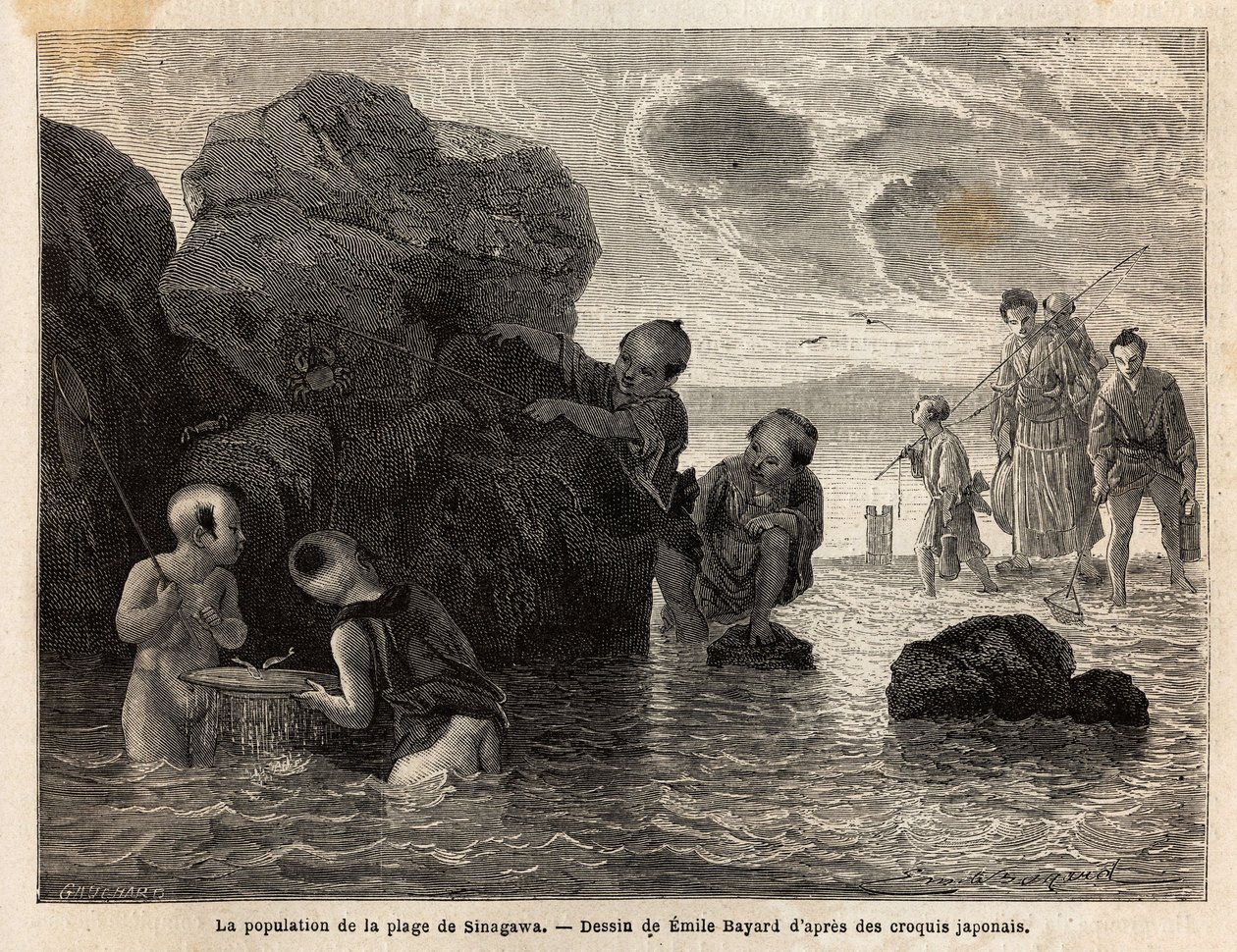 Pequenas actividades de pesca numa praia em Sinagawa, as crianças esguicham na água e apanham caranguejos e pequenos peixes. Gravura para ilustrar a viagem ao Japão, em 1863-1864, de Aime Humbert, ministro da Confederação Suíça, em "Le tour du monde, nouve de Unknown artist