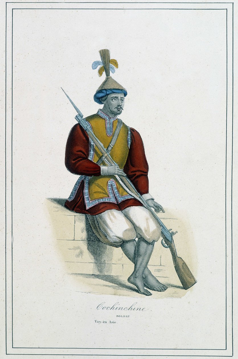 Soldado da Armadura de Cochinchinean - em "Os diferentes povos da terra" pelo Abade Paul Jonhanneaud, Librairie des Bons livres de Unknown artist