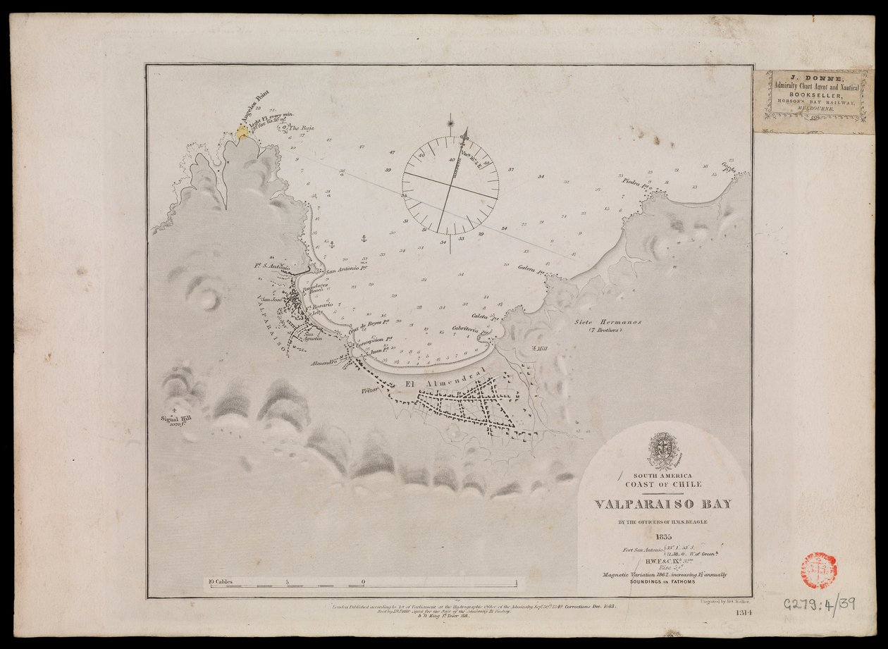 América do Sul, costa do Chile - Baía de Valparaiso pelos oficiais do HMS "Beagle" 1835 de Unknown artist