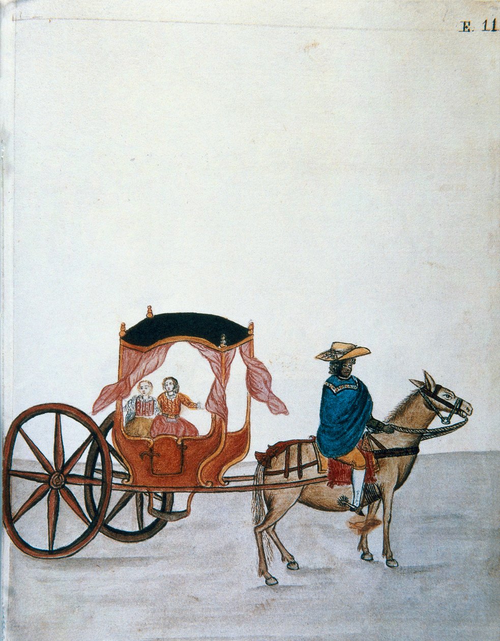 Mulheres espanholas em uma carruagem puxada por um índio, do livro "Trujillo del Peru" ou "Códice Martínez Compañón", de Baltazar Martinez Compañón y Bujanda, bispo de Trujillo (1782-1785) de Unknown artist