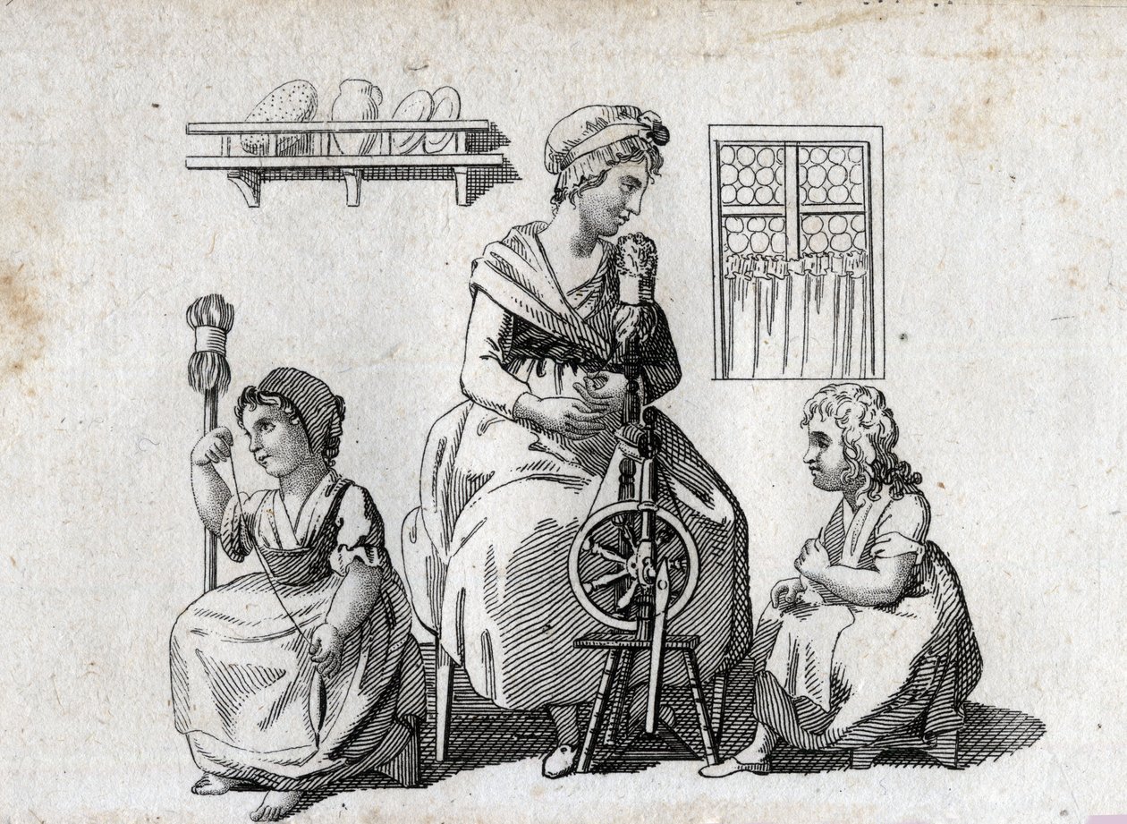 Giro: a mãe e as filhas a girar lã. A mulher usa uma roda giratória e sua filha usa um rabo de gato. Gravura de fim do século XVIII. Colecção privada. de Unknown artist