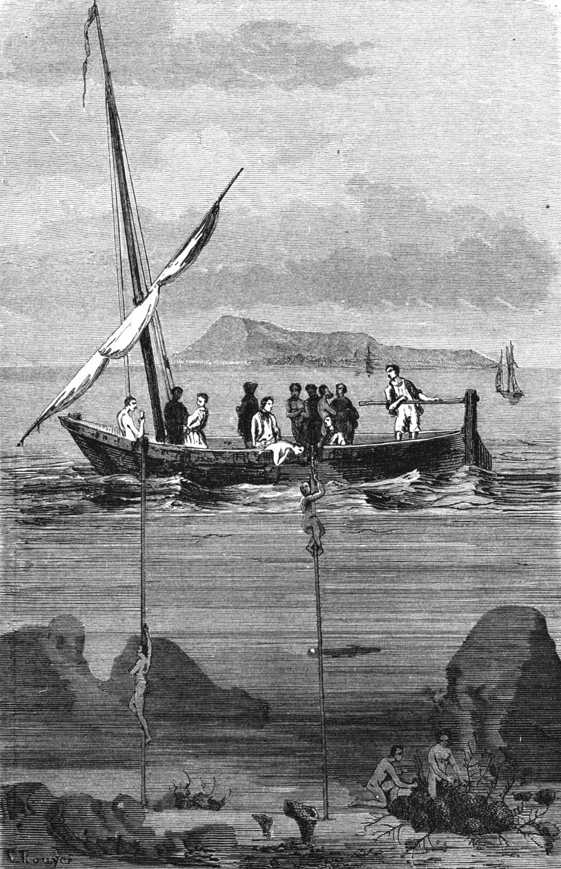 Pesca de esponja ao longo da costa da Síria: mergulhadores descem para apanhar as esponjas à mão. Gravura do século XIX de Unknown artist