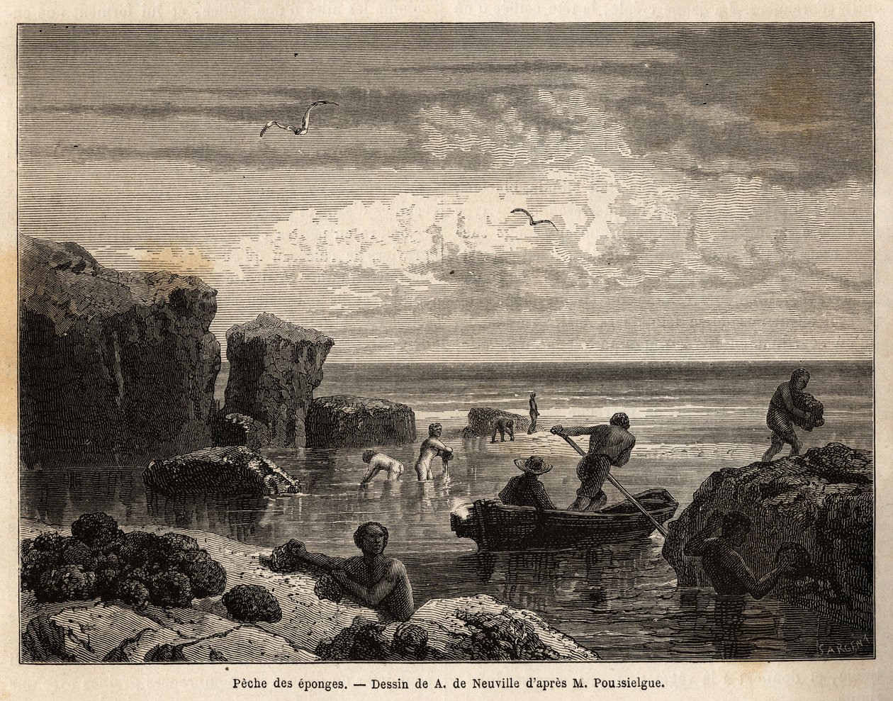 Pesca de esponja pelos ilhéus da ilha de Anastasia, uma maree baixa, mulheres e crianças se juntam entre as rochas e os homens embarcam em canoas para mergulhar e recuperá-las no fundo do mar. Gravura para ilustrar a história de quatro meses na Flórida, po de Unknown artist