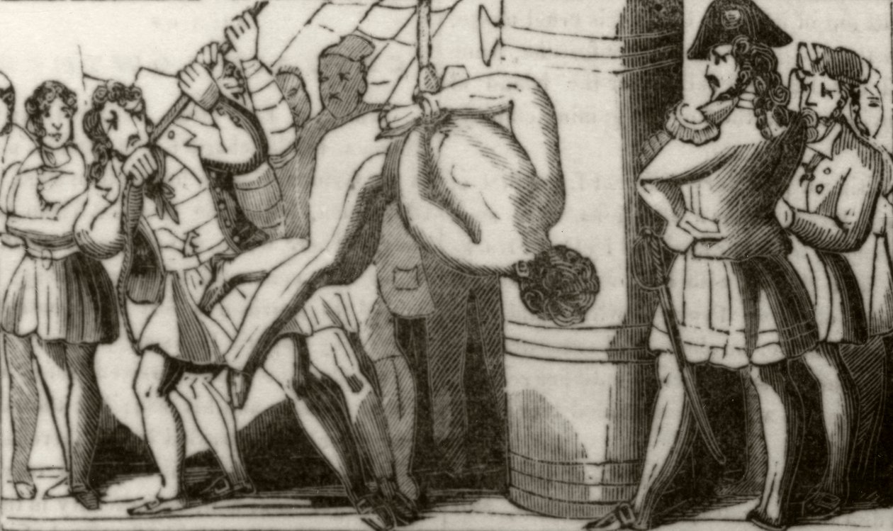 Spriggs içando a tripulação de uma escuna de Boston até a testa, e depois deixando-os cair no convés, c.1836. de Unknown artist