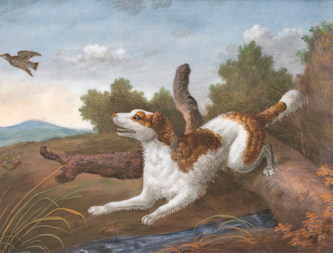 Springer: Um Spaniel a encadernar sobre um tronco para a primavera de uma narceja à esquerda de Unknown artist