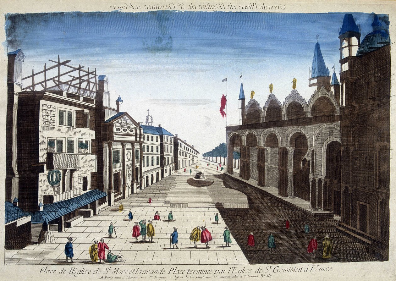 Praça da Igreja de São Marcos e da Grande Praça terminada pela Igreja de São Gémeos em Veneza. Gravura do século XVIII. de Unknown artist