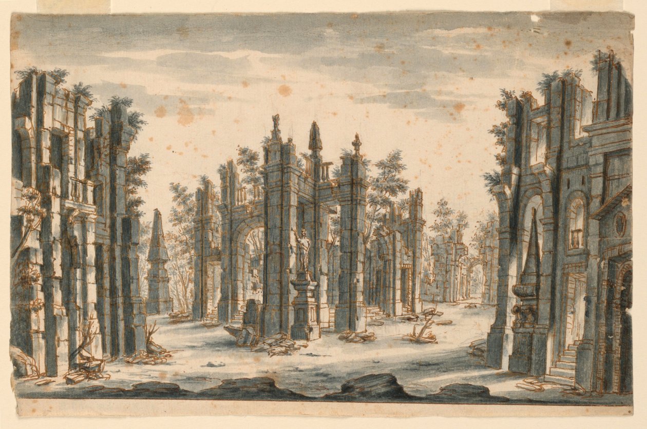 Design de palco, grupo de edifícios em ruínas com obeliscos de Unknown artist