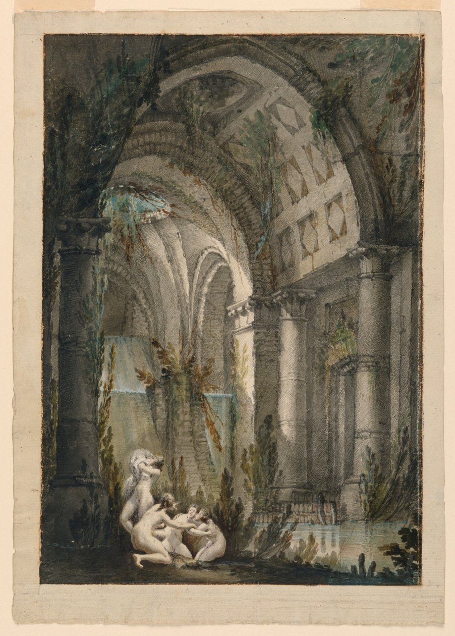 Design de palco, ninfas tomando banho na gruta de Unknown artist