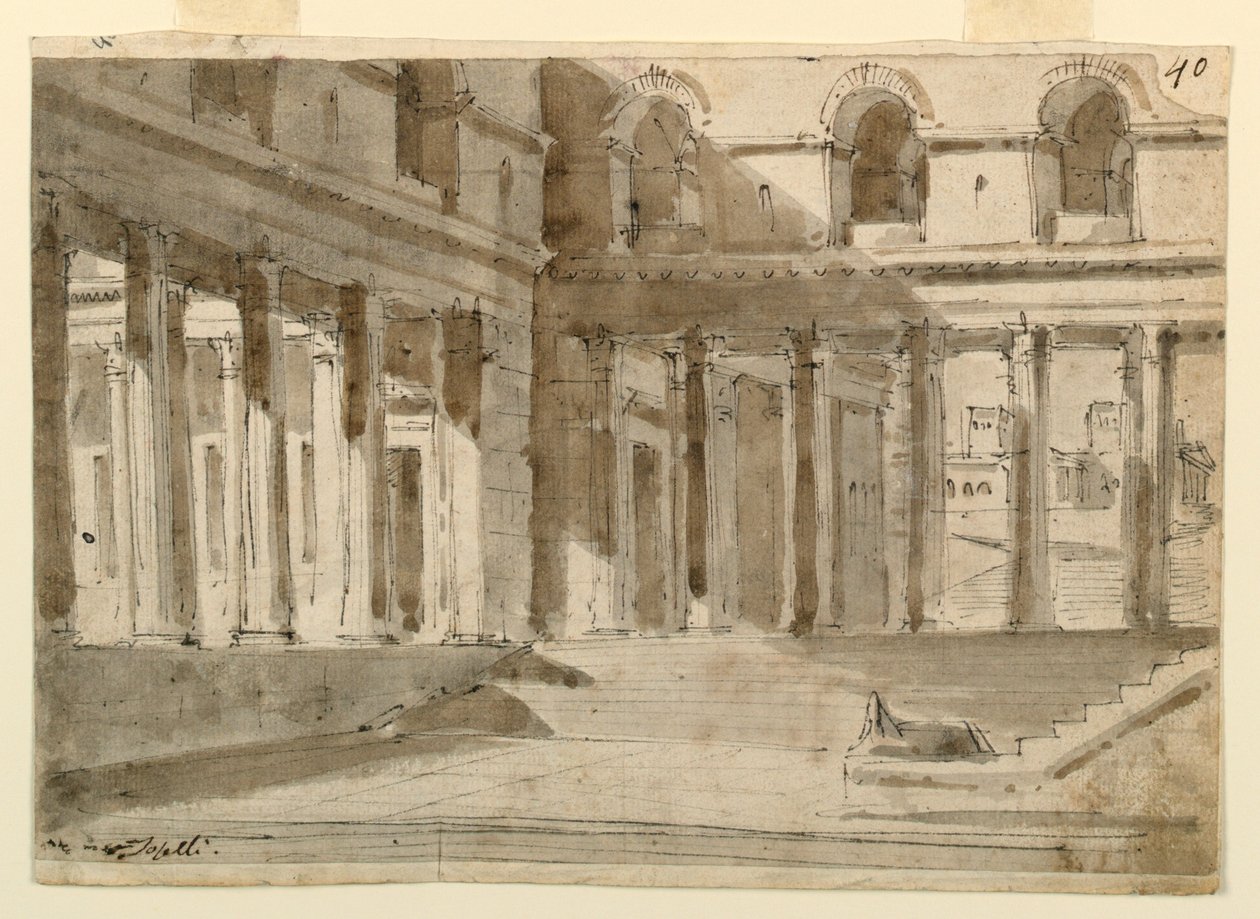 Design de palco, pátio do palácio com escadas de Unknown artist