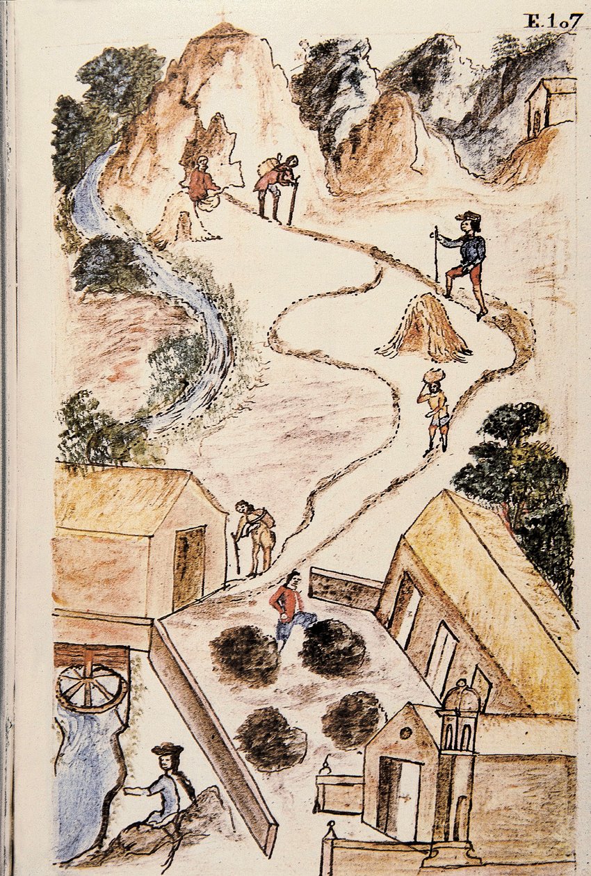 Fases da produção de metal das minas às cargas, do livro "Trujillo del Peru" ou "Códice Martínez Compañón", de Baltazar Martinez Compañón y Bujanda, bispo de Trujillo (1782-1785) de Unknown artist