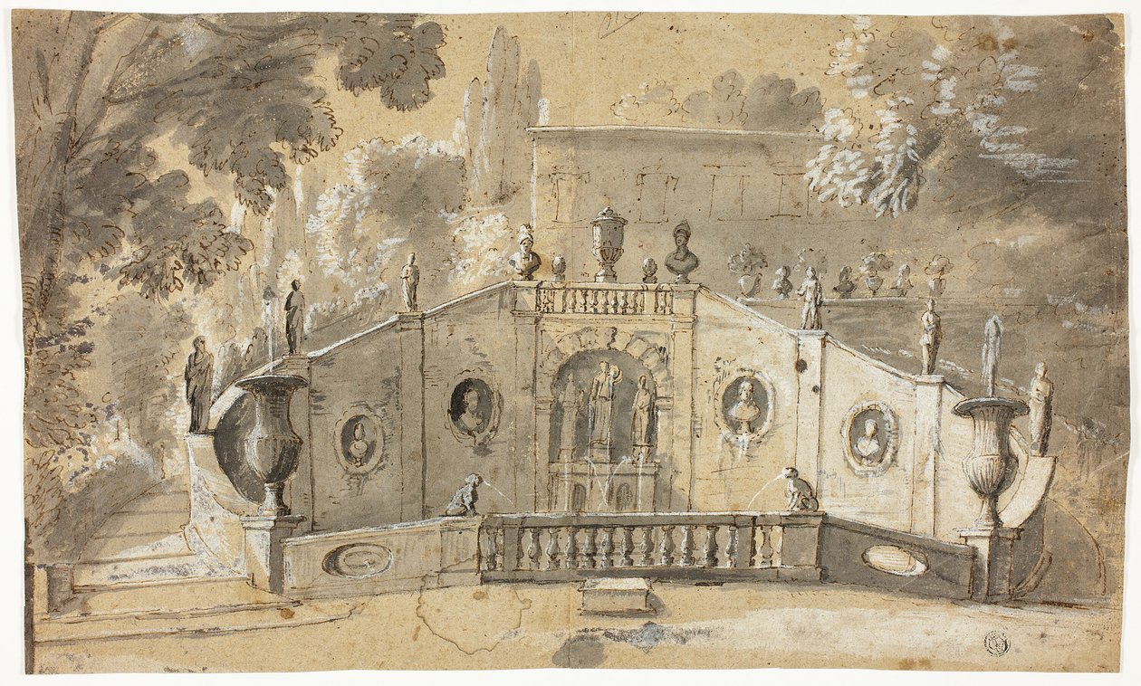Escadaria e Chafariz (recto); Nu masculino sentado de perfil para a esquerda, olhando para cima (verso) de Unknown artist