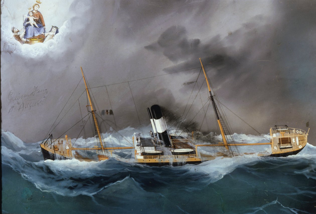 Barco a vapor em uma tempestade. de Unknown artist
