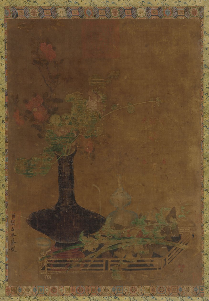 Ainda vida - um vaso preto e flores de Unknown artist