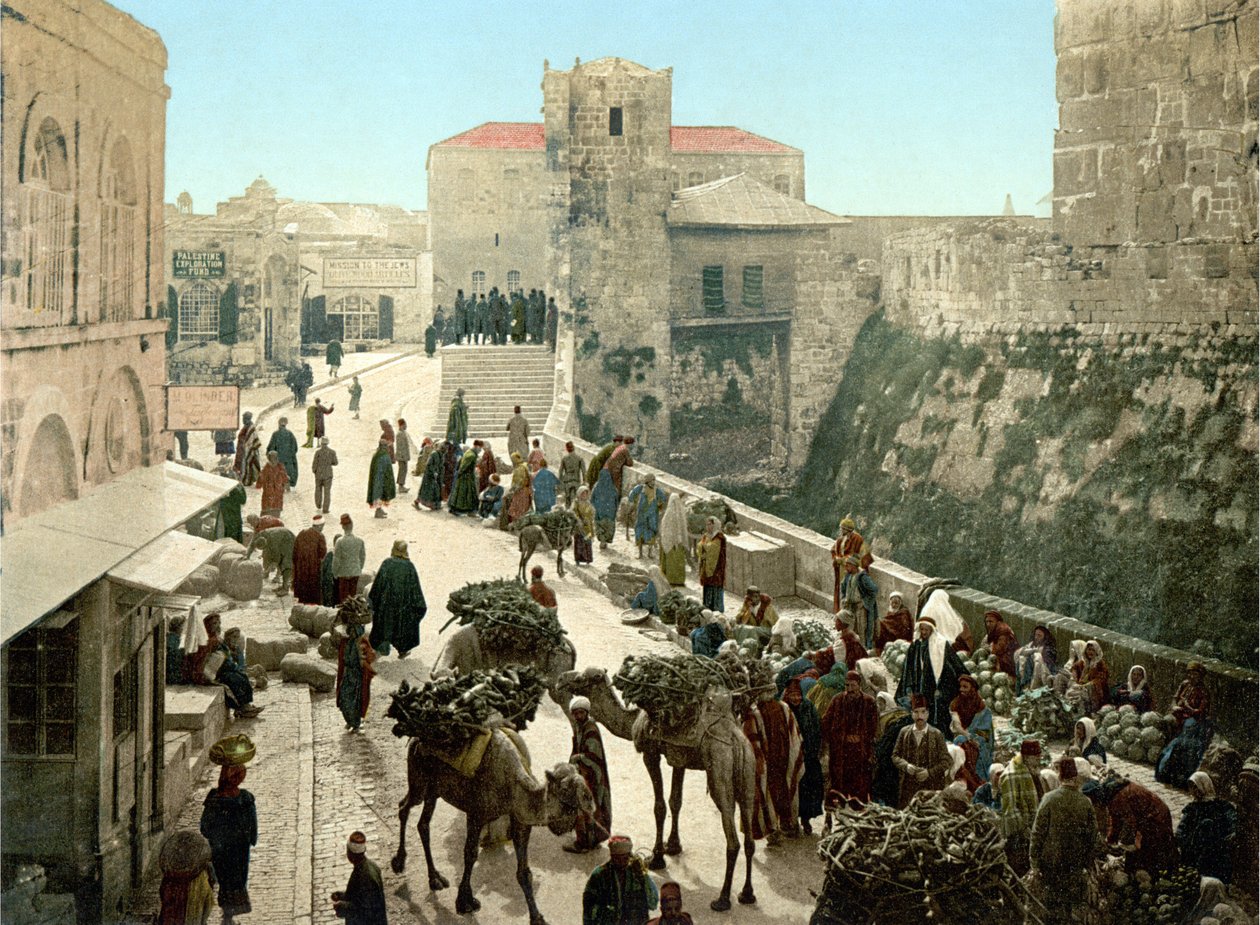 Rua da Torre de David, o Bazar. Jerusalém. Fotocromia sd. entre 1890-1900. de Unknown artist