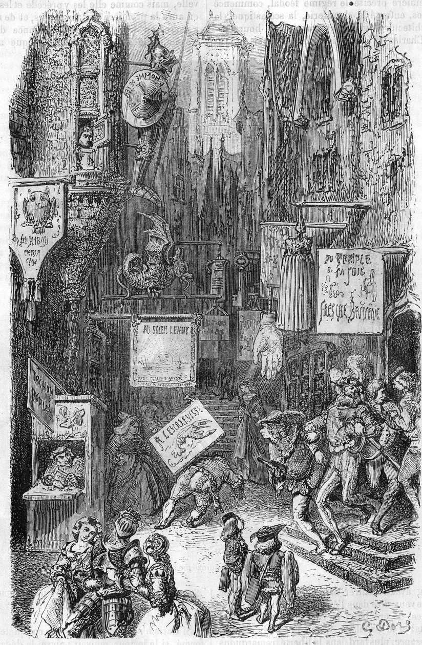 Cena de rua na Idade Média. Gravura do século XIX. de Unknown artist