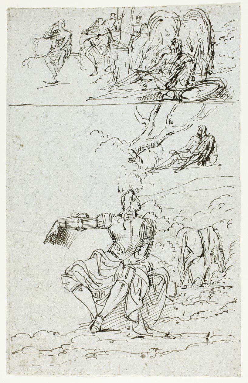 Folha de estudo com cavaleiro sentado (anverso); figura masculina em pé com traje medieval (verso) de Unknown artist